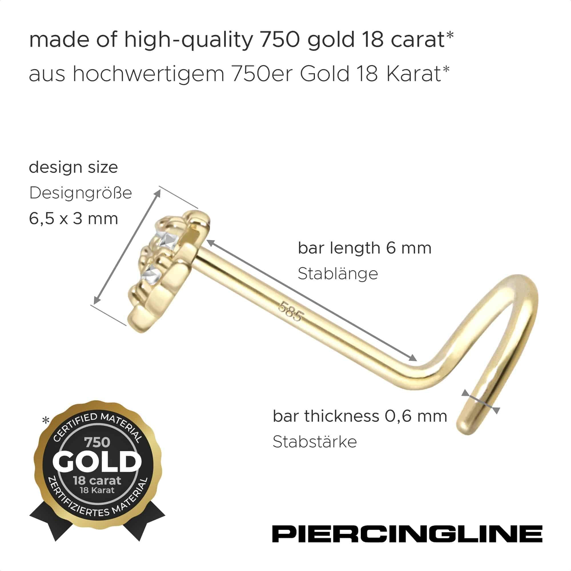 PIERCINGLINE Nasenpiercing 14K Gold Nasenstecker Spirale 3 MOISSANIT-STERNE 585er Gold - Roségoldfarben, Goldfarben, Silberfarben