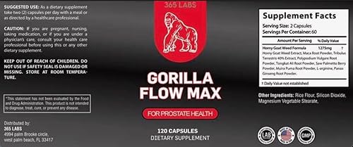 Miniatura 4 de Gorilla Flow Max de nuevo diseño y formulado para apoyo de próstata 120 cápsulas devolución de dinero garantizada 1