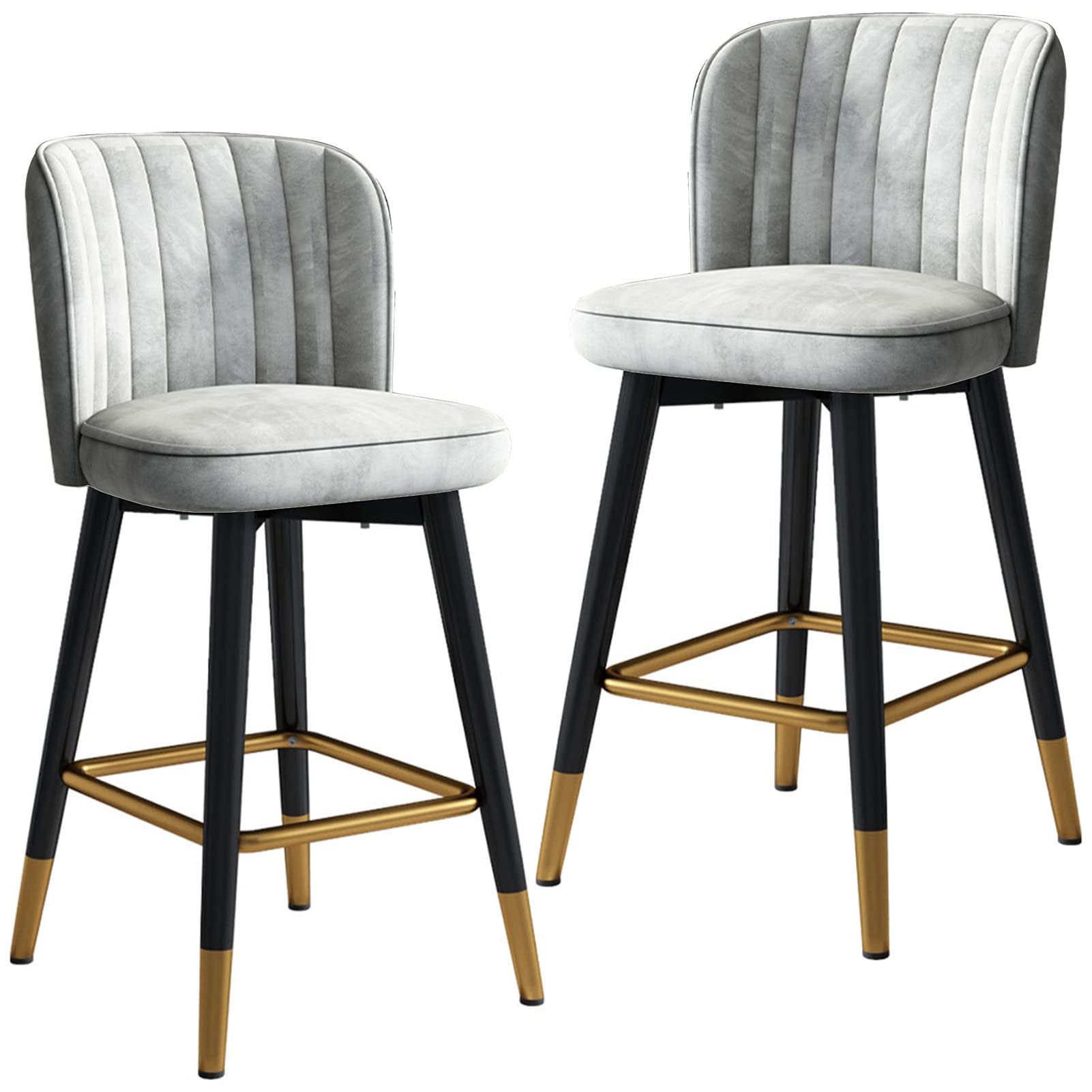 Lot de 2 chaises hautes pivotantes modernes en velours avec dossier, pieds noirs, repose-pieds chromés dorés, couleur grise, 65 cm de hauteur, option assise élégante et confortable pour votre maison