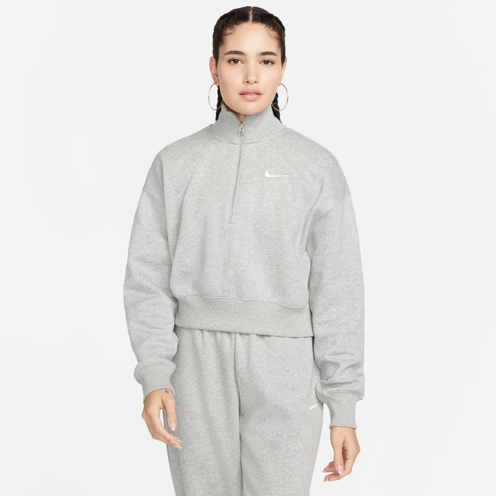 NIKE Long Sleeve Top W NSW Phnx FLC Qz Crop, DK Grey Heather/Sail, DQ5767-063, 2XL