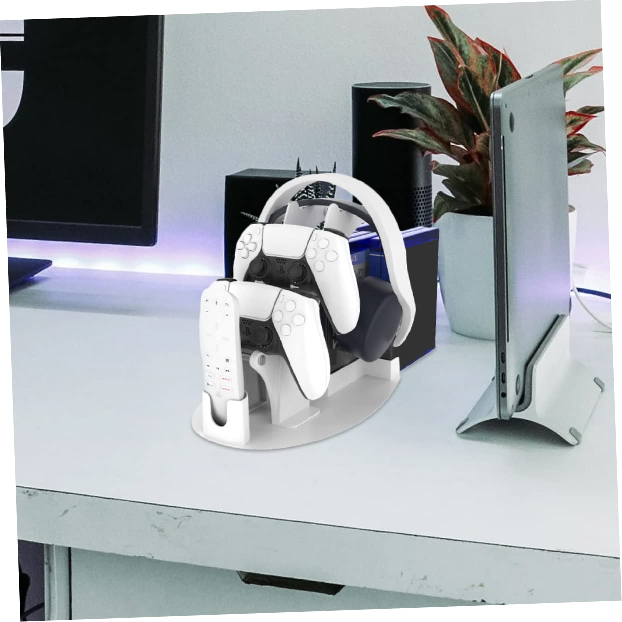 Wielofunkcyjny stojak do gier na konsole – antypoślizgowa półka Sto i uchwyt na akcesoria do PS5 – Ultimate Game & Display Solut