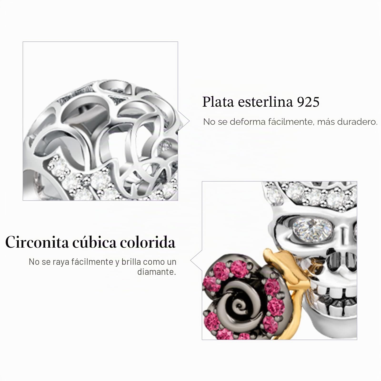 GNOCE Abalorio de plata de ley 925 con diseño de calavera, compatible con pulseras y collares