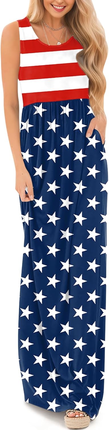 For G and PL Womens 4th of July Maxi Dress American Flag Sleeveless Long Dress with Pockets