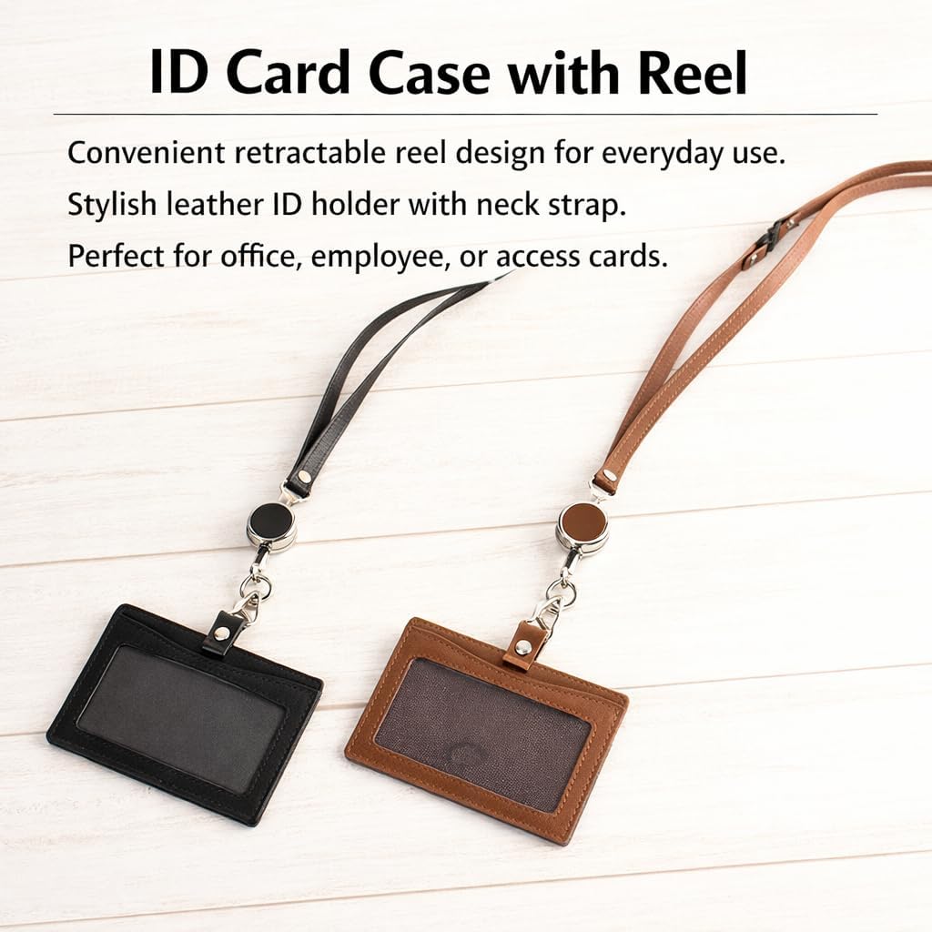 MASACCIO MCH051 Genuine Leather Reel ID Card Case, Dark Brown | Lanyard, Employee ID Badge Holder, Genuine Cowhide Leather, Simple