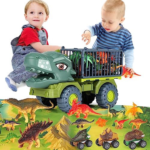 Aoskie Camion Tyrannosaurus Truck con 13 Playmobil, 3 Autos de Dinosaurio Extraíbles, Alfombra de Juego, Juguetes Regalo niños 3 4 5 6 años