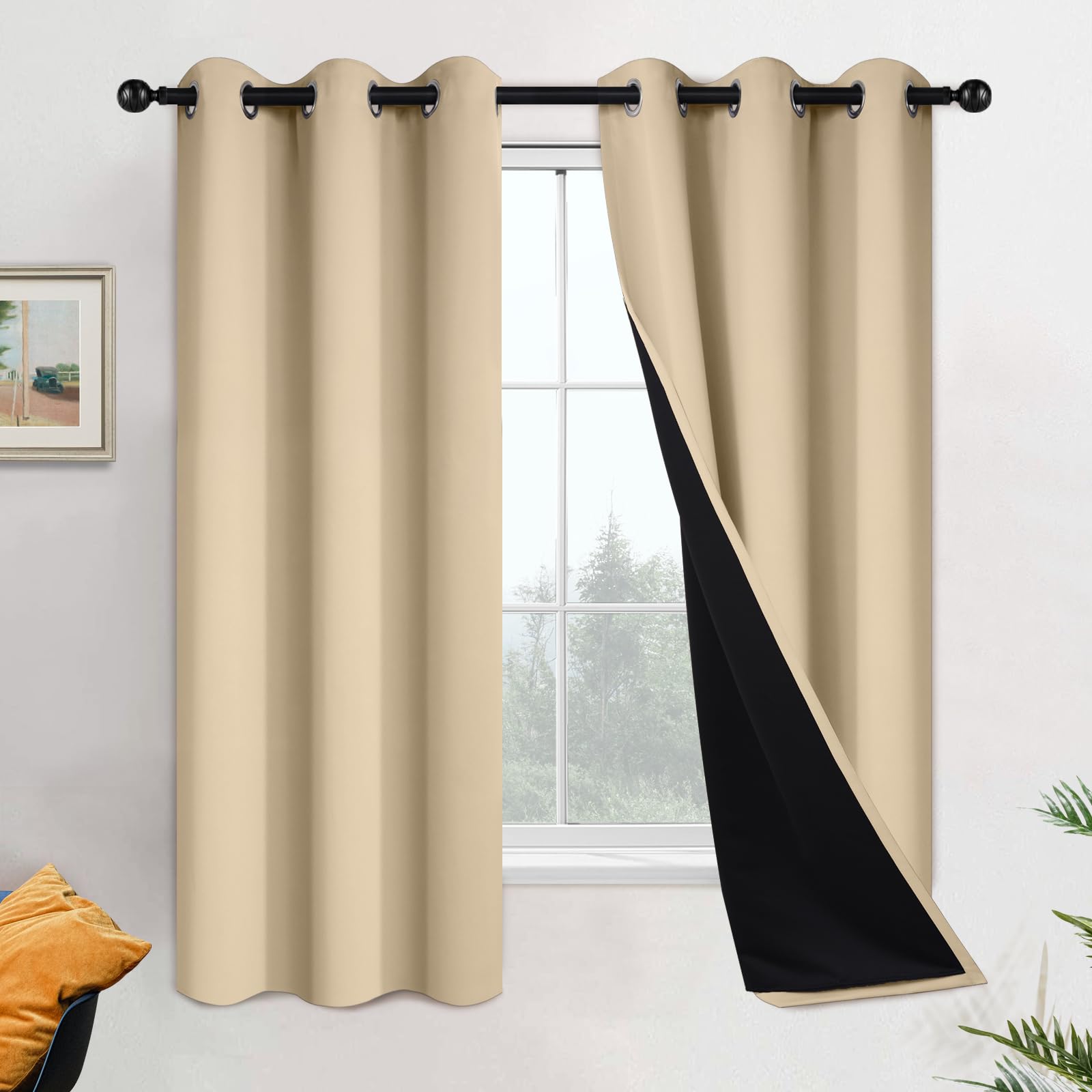 Yakamok Beige 100% Blackout Curtains, Thermal Insulated Total Blackout Drapes for Bedroom, Heat Blocking Window Curtains for Living Room(42Wx63L, 2 Panels) โ image 1