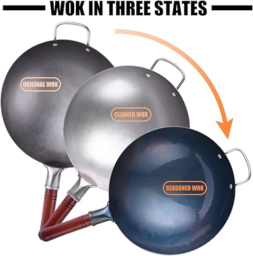 Miniatura 4 de Wok de acero al carbono tradicional martillado a mano – Wok chino de 13.4 pulgadas de fondo redondo Wok Set con 8 piezas de utensilios de cocina