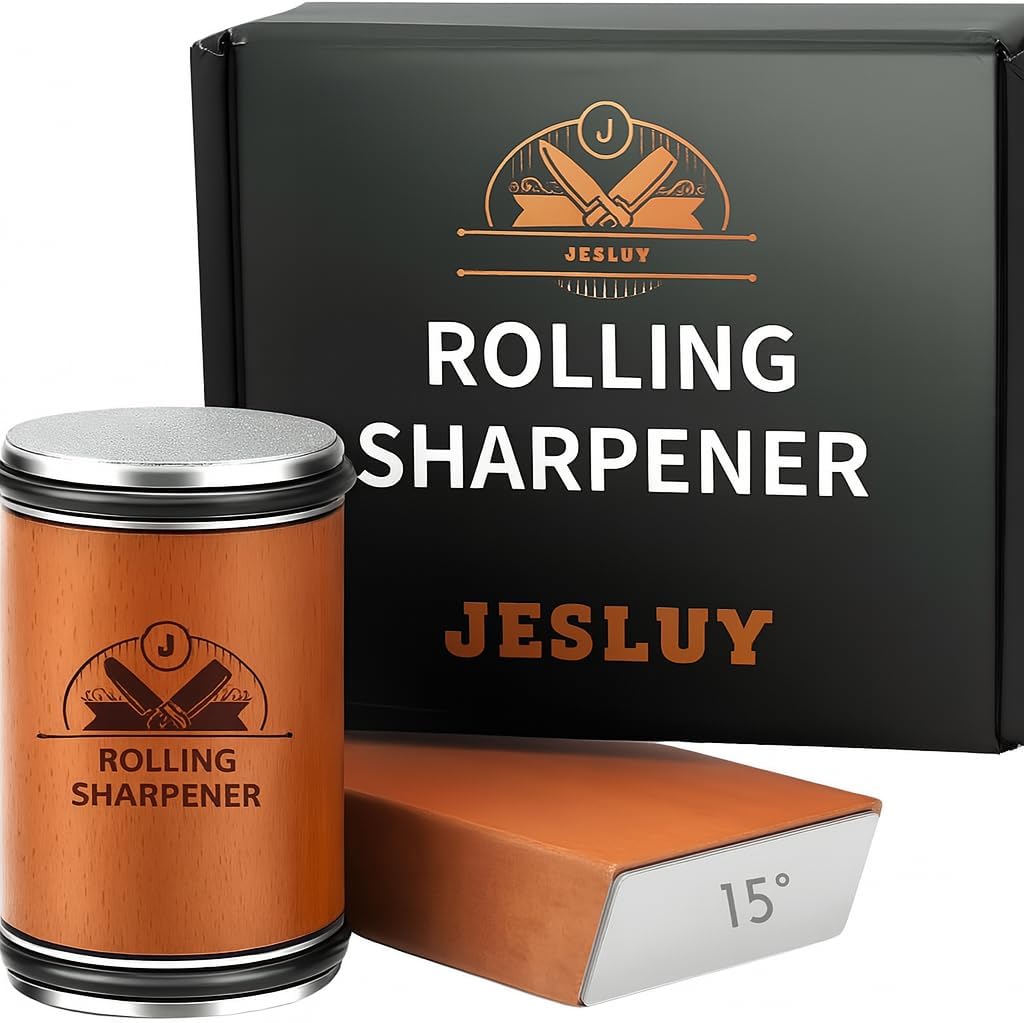 Rolling Knife Sharpener Set - Professional Knife Sharpening Kit with Roller Tool & Angled Magnetic Holder - Diamond & Stainless Steel Honing Disc Sharpens Different Knife Edges - Hardwood Body