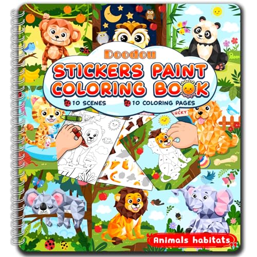 Animal Habitats Sticker Book, Crafts for Kids Age 4-8, Paint by Number Sticker Book and Coloring Pad
