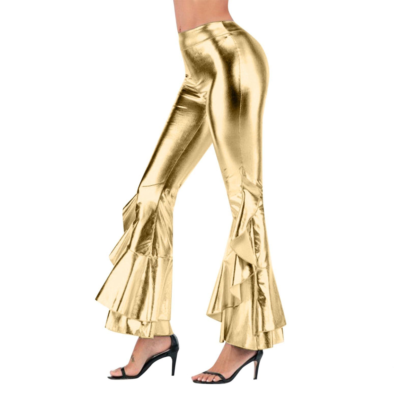 Flare Trousers Shiny Metallic Faux Leather Leggings Women High Waisted Ruffled Bell Bottom Pants Retro Disco Style for Festival Performance Party Wear Figure Rave Outfits Clubbing L Gold
