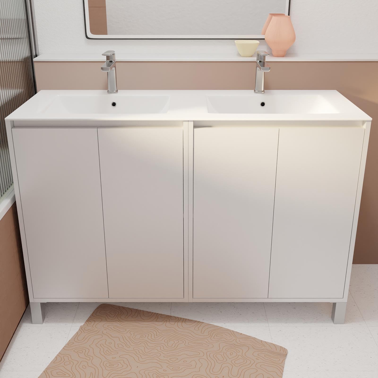 Pack Meuble Salle de Bains 120 cm Laqué Blanc, 4 portes avec Vasque Céramique - XENOS