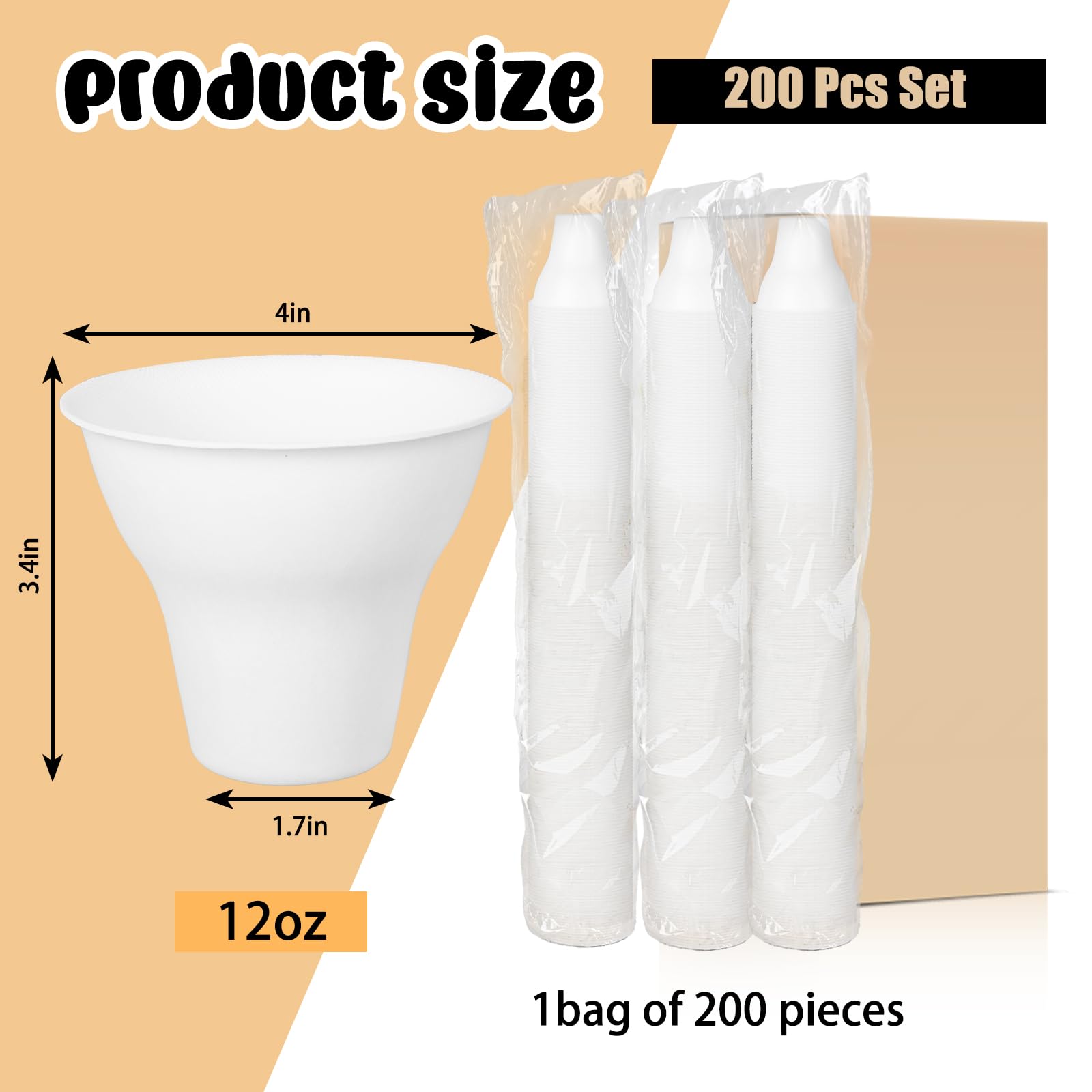 JarThenaAMCS 200 vasos de cono de nieve de verano de 12 onzas, vasos de cono de papel blanco desechables para helado, vasos de agua gruesos a prueba de fugas para cumpleaños, bodas, fiestas, postres