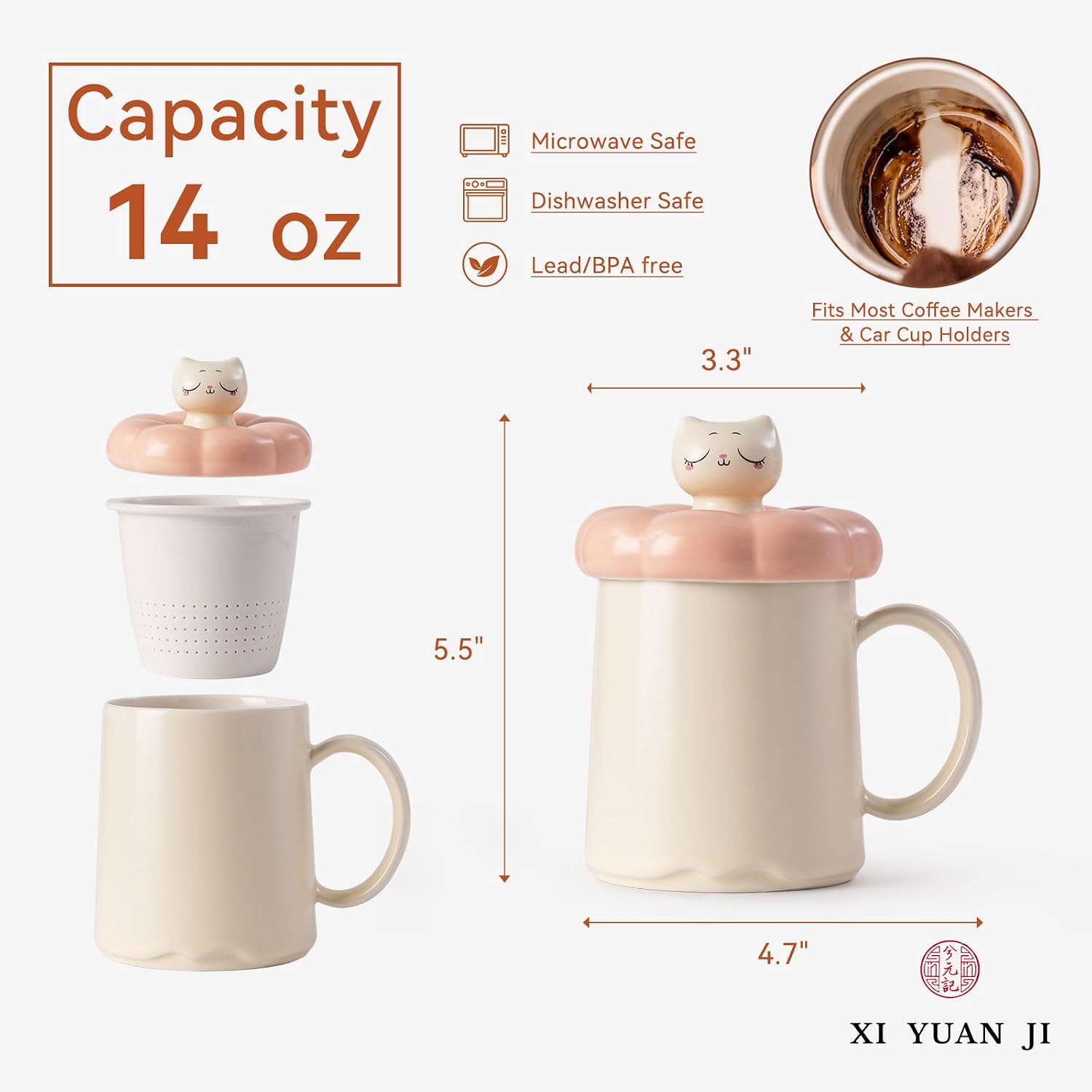 Tea Cup with Infuser and Lid 14oz - Ceramic Mug with Spinning Cat Lid, Floral Design Tea Gift for Mother’s Day, Anniversary Birthday Gift Compatible with Warmer