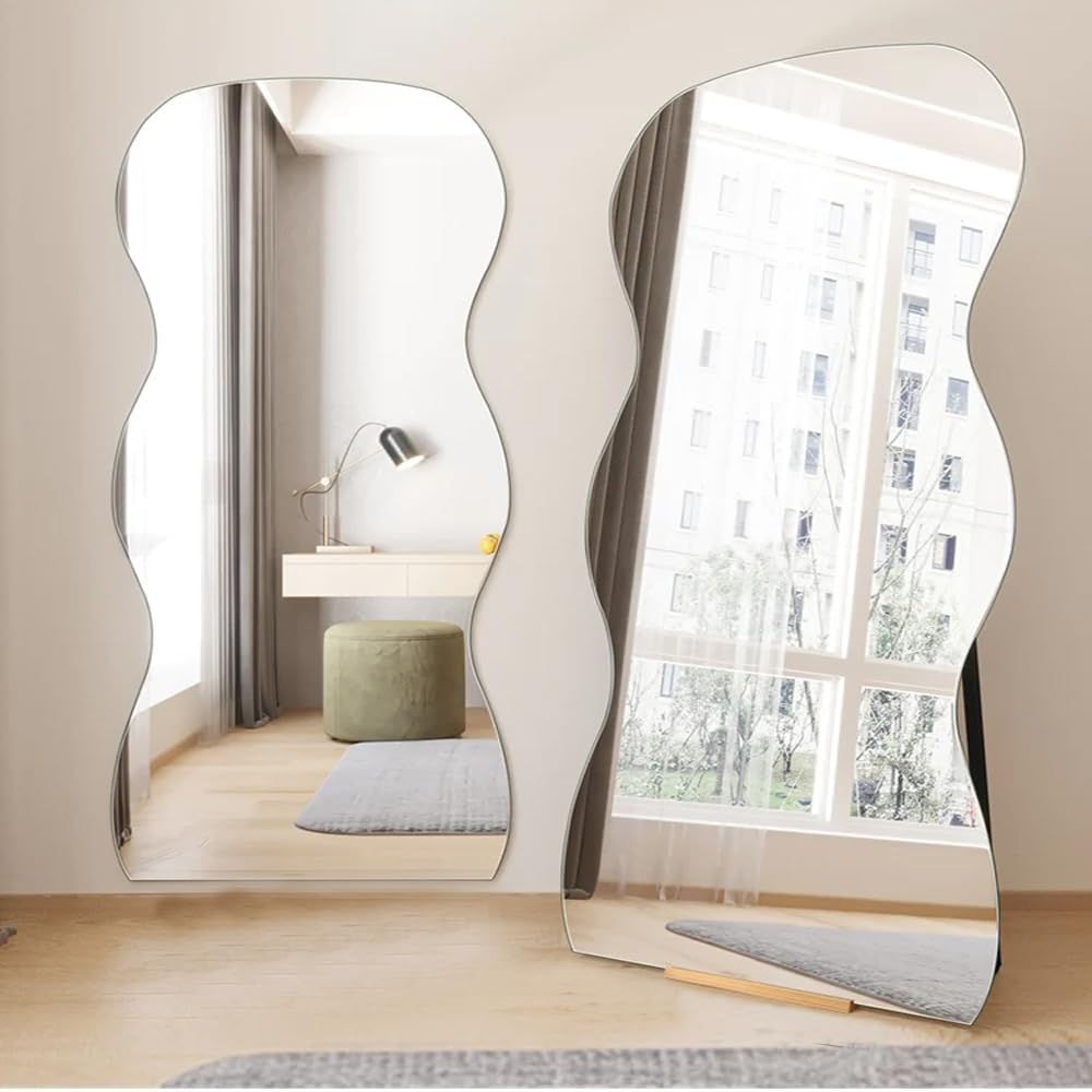 Kutis Antique or vintage styles Makeup Mirror Full-length irregular Borderless Decorative Multipurpose Wall Mounted Mirror With Wooden Solid Base For Living Room Bathroom Entarway 50 x 160 cm. (Wavy)