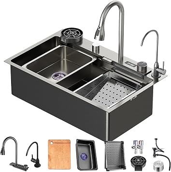 7545CM Waterfall Kitchen Sink Black Stainless Steel Sink Single Bowl Workstation Kitchen Sink LED Temperature Display With Pull-Out Tap And Cup Washer