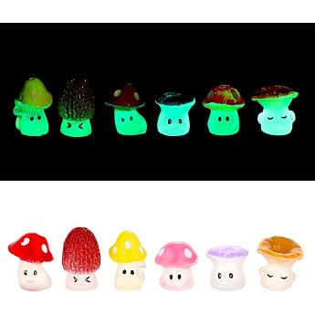 JIEYAO Pack of 12 Luminous Mini Resin Mushrooms 1.6 x 1.4 cm Mini Colourful Mushroom Cute Small Mushrooms Decorative Luminous Mushrooms Decorative Miniature Flower Pots Plants Statue for Gardens Furniture and Crafts