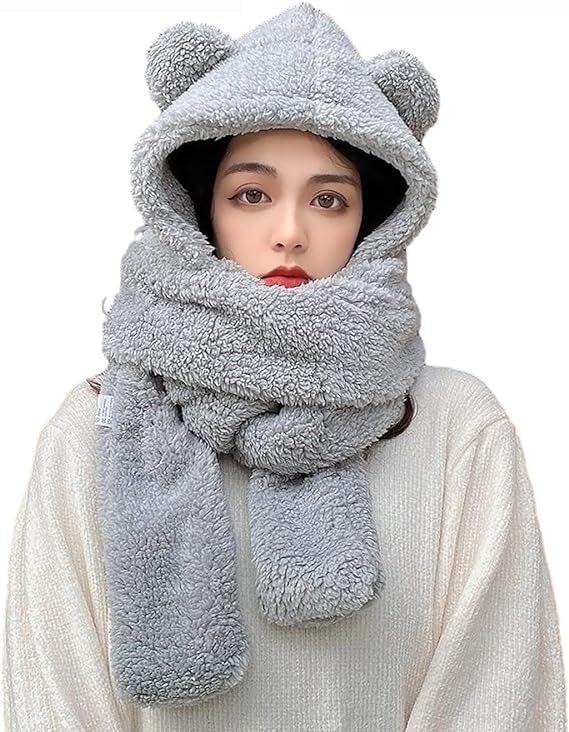 PGPBVLVGHM Gorro con Orejas de Oso, Bufanda, Gorro Kawaii cálido y Peludo for Invierno(Grau)
