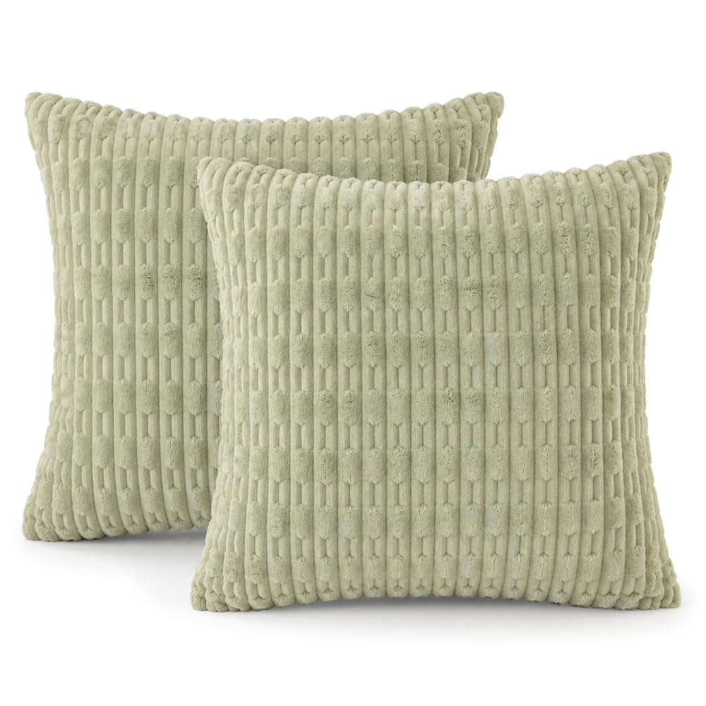 Cushion Covers Set of 2 Cream Soft Plush Velvet Pillow Cases 45x45cm, Textured Corn Striped Square Scatter Cushions for Sofa Living Room Bedroom, Scandi Home Decor - Invisible Zipper (Sage Green)