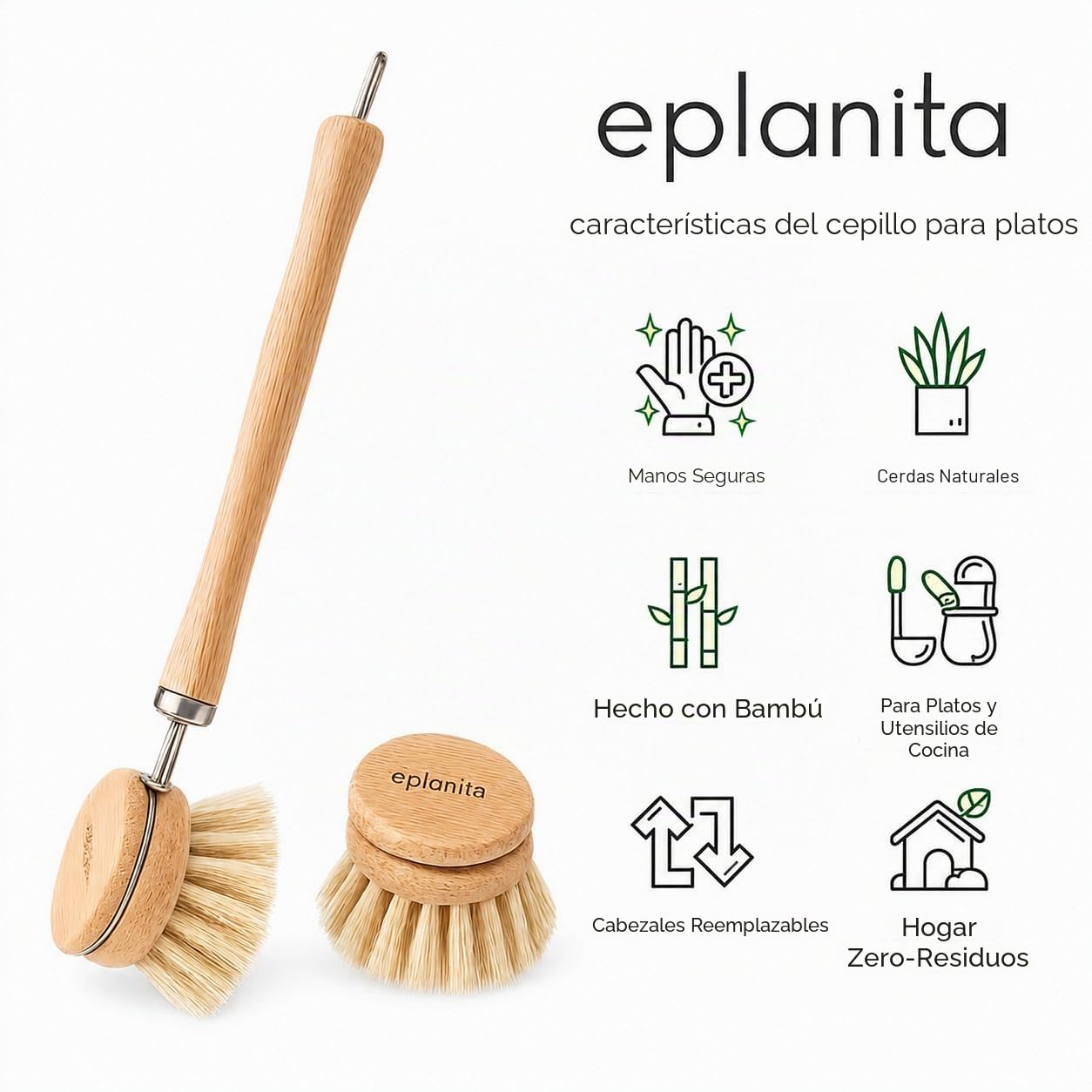eplanita Cepillo de Vajilla Natural Bambú Ecológico 3 Cabezales Recambio Esponja Vegetal Extra