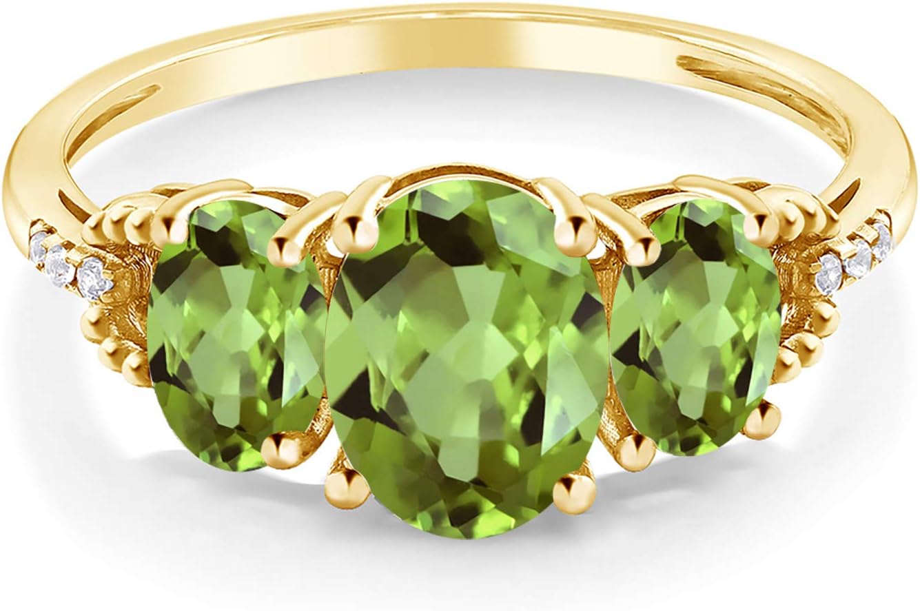 Gem Stone King 2.46 Cttw 10K Yellow Gold Green Peridot and Diamond Accent 3-Stone Engagement Ring For Women | 3 Stone Wedding Anniversary Promise Ring For Women