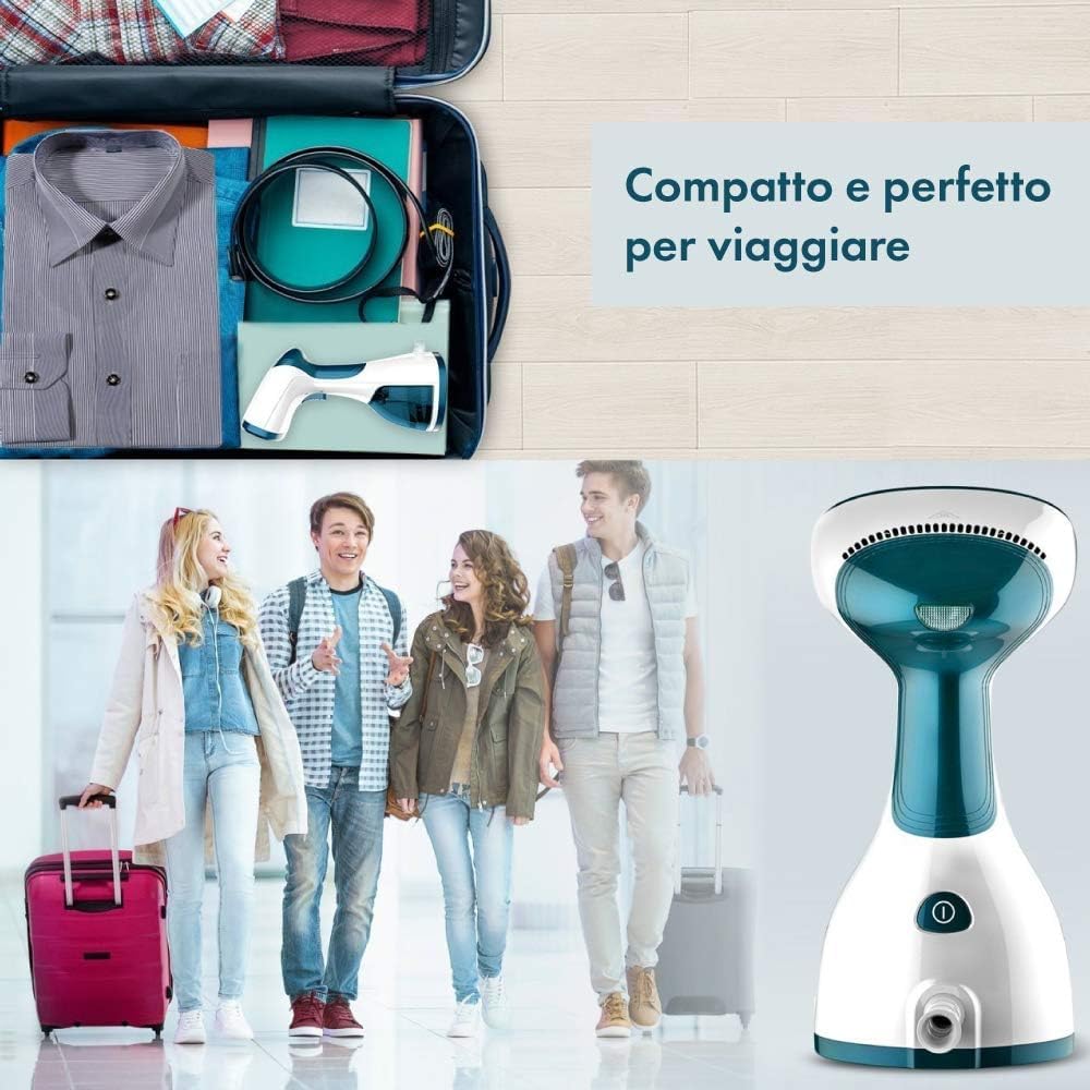 Stiratrice a Vapore Portatile Verticale 1200W, Ferro da Stiro da Viaggio e Ufficio, Serbatoio 260ml, Flusso Vapore Costante, Igienizza e Rinfresca i Tessuti - Turchese