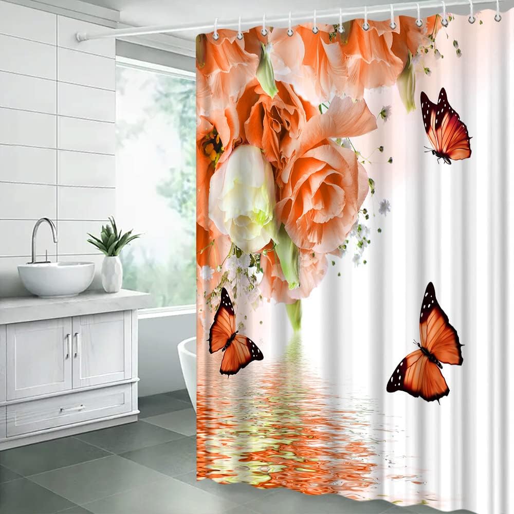 Flower Butterfly Shower Curtain Orange Butterfly Floral Spring Rustic Garden Nature Dream Fantasy Water Ripple Floral Lake Spa Fabric Bathroom Decor Curtain with Hooks