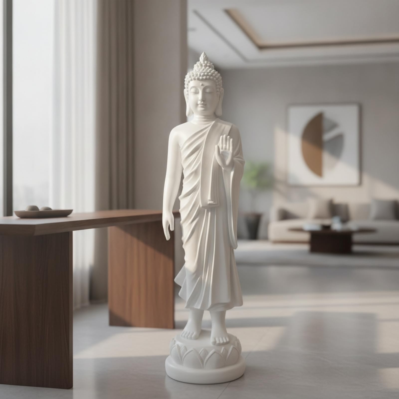 Buddha Statue Shakyamuni Figur Kunstfigur Skulptur aus Harz mit Ruhigem Ausdruck Detailliertem Faltenwurf Und Standfuß für Innenraum Dekoecke Gebetsbereich