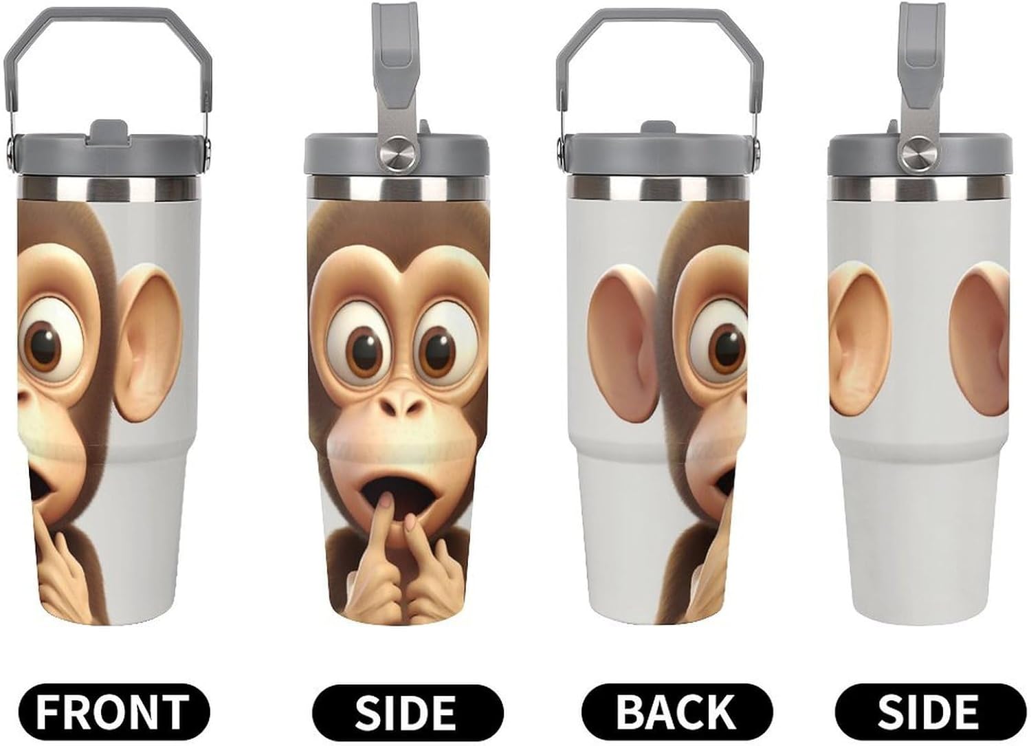 30oz Insulated Tumblers with Top Handle, Stainless Steel The Silent Monkey Car Cup with Straw for Gift, Leak-Proof Double Wall Vacuum Travel Mug, Personalized Water Bottles White