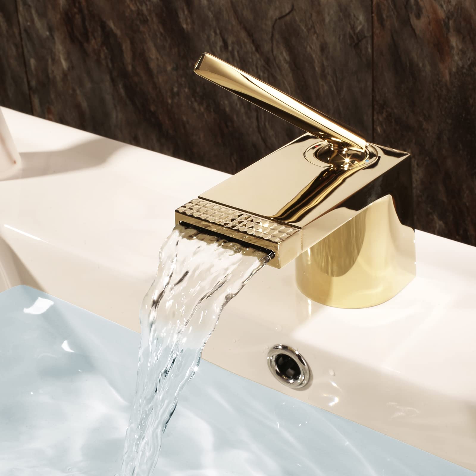 Rubinetto del Lavabo del Bagno a Cascata, Rubinetto del Lavabo Miscelatore Caldo e Freddo, Singola Maniglia Ottone Lavabo Rubinetto Lavandino Montato a Ponte Rubinetto Singolo Foro (Gold )