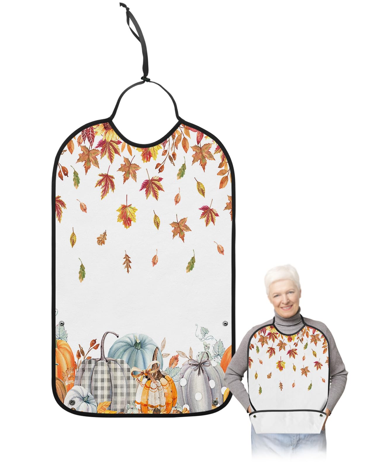 Thanksgiving Fall Adult Bib for Eating with Crumb Catcher,Washable & Waterproof Terry Cloth Adjustable Elderly Women Men Adult Bibs Funny Clothing Protector Orange Pumpkins Maple Leaves Sunflower
