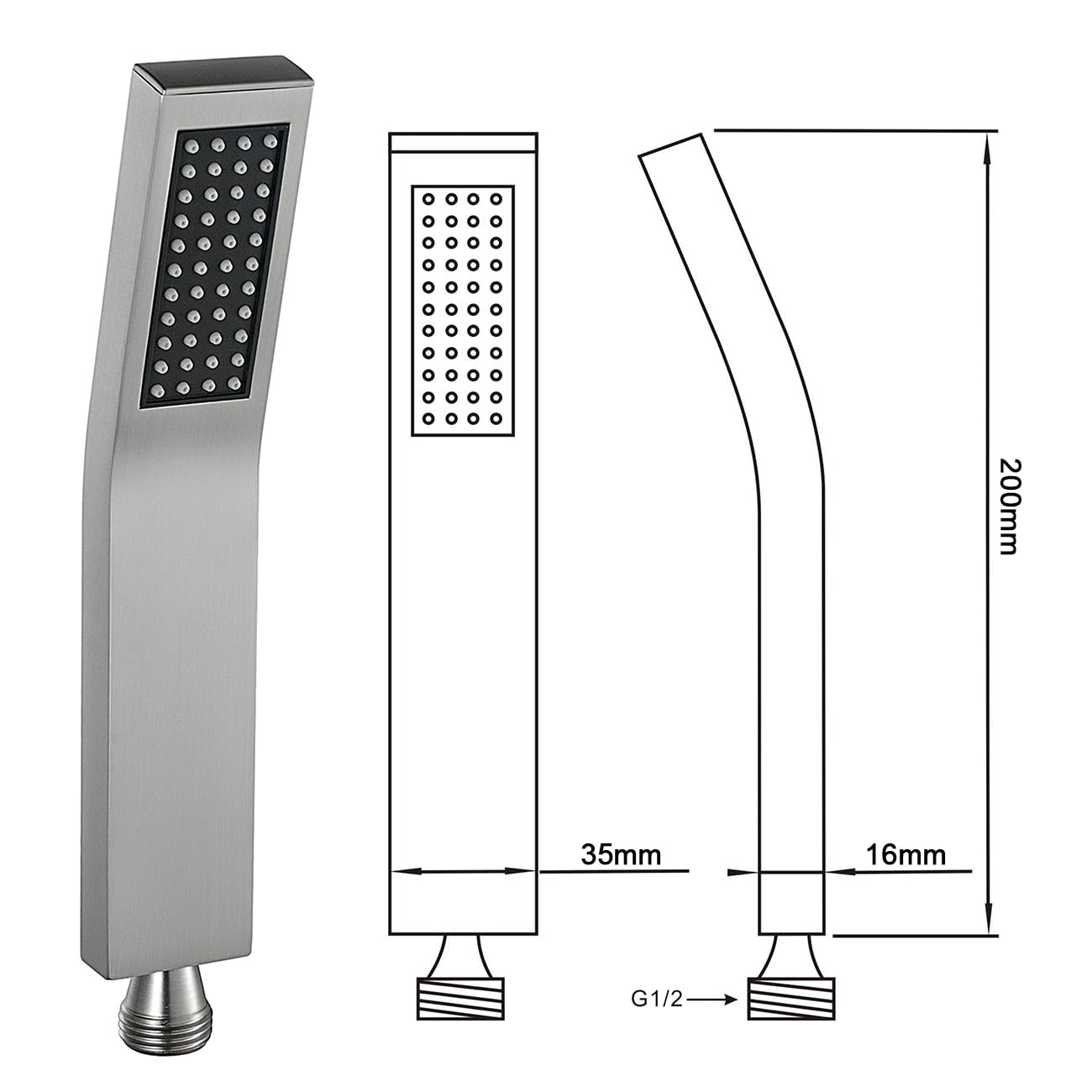 Muxios High Pressure Brass Square Handheld Shower Head Water Saving Shower Head with Easy Cleaning Rubber Nozzles Single Function Brushed Nickel Fnish Including Washer L-Style - Image 2