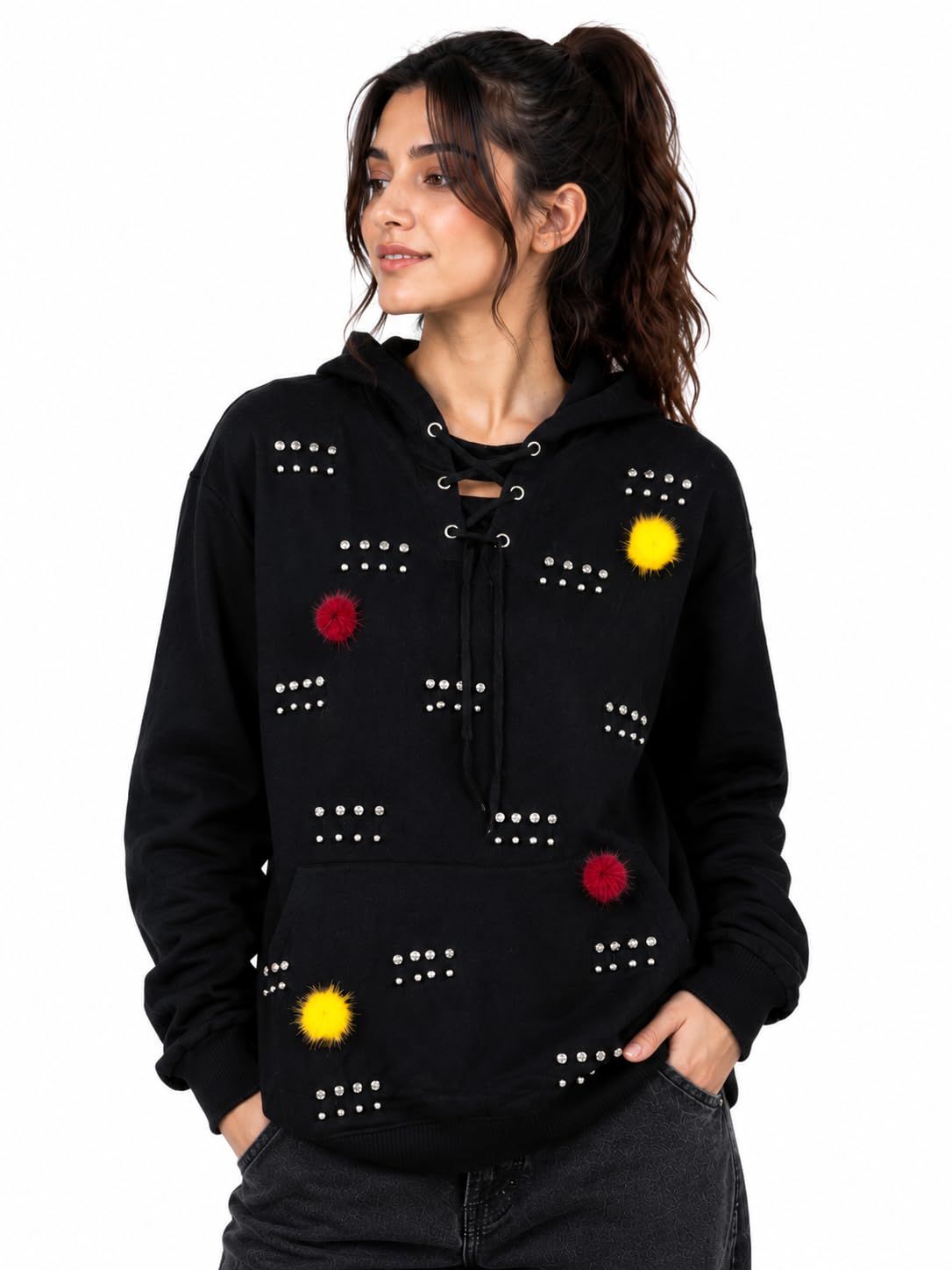 hautemoda Women Woollen Baggy Looser Style Pullover Sweater with Pom Pom Embellishments-picture-21