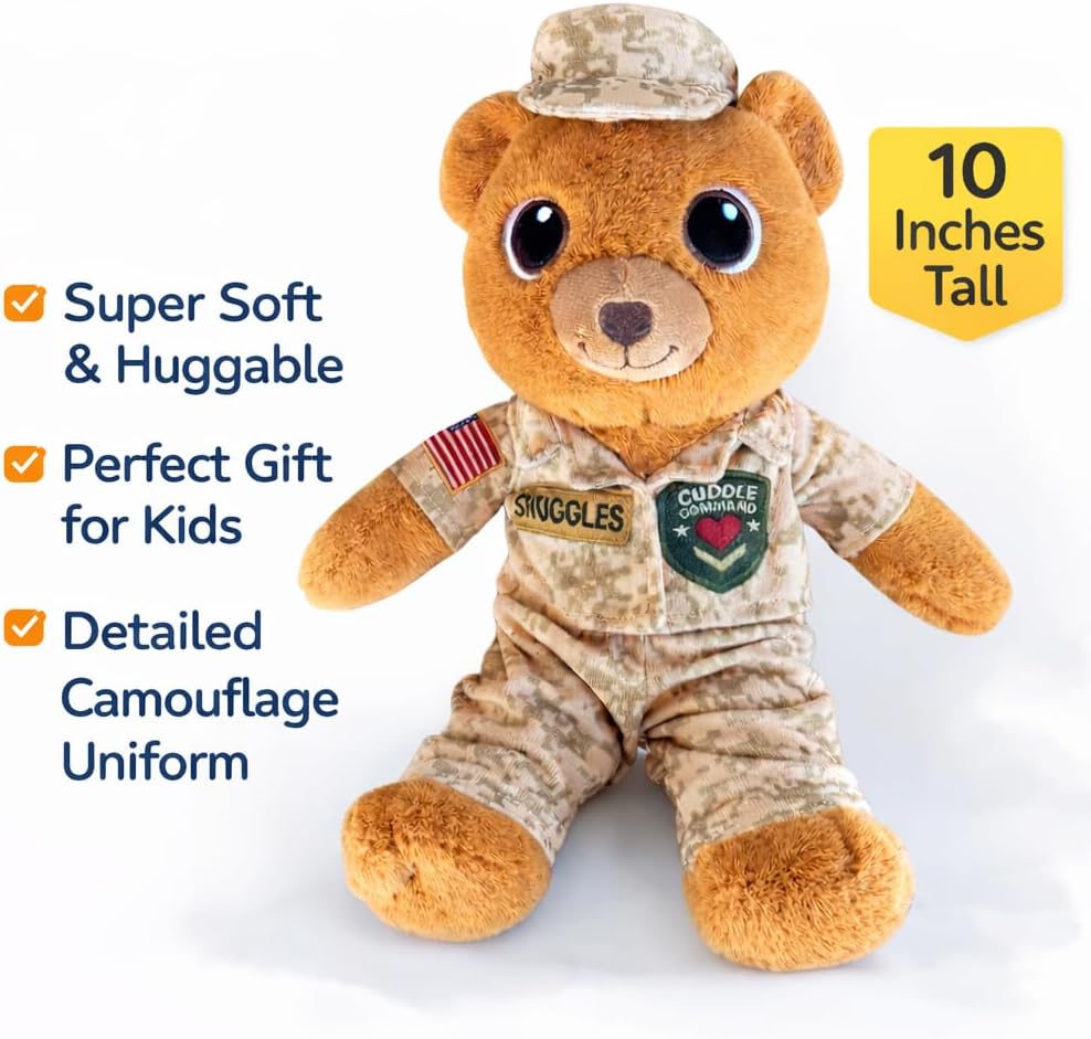 Sergeant Snuggles Military Teddy Bear Plush 10-Inch Soft Camo Stuffed Animal, Comfort Bedtime Toy & Thoughtful Gift for Kids & Military Families