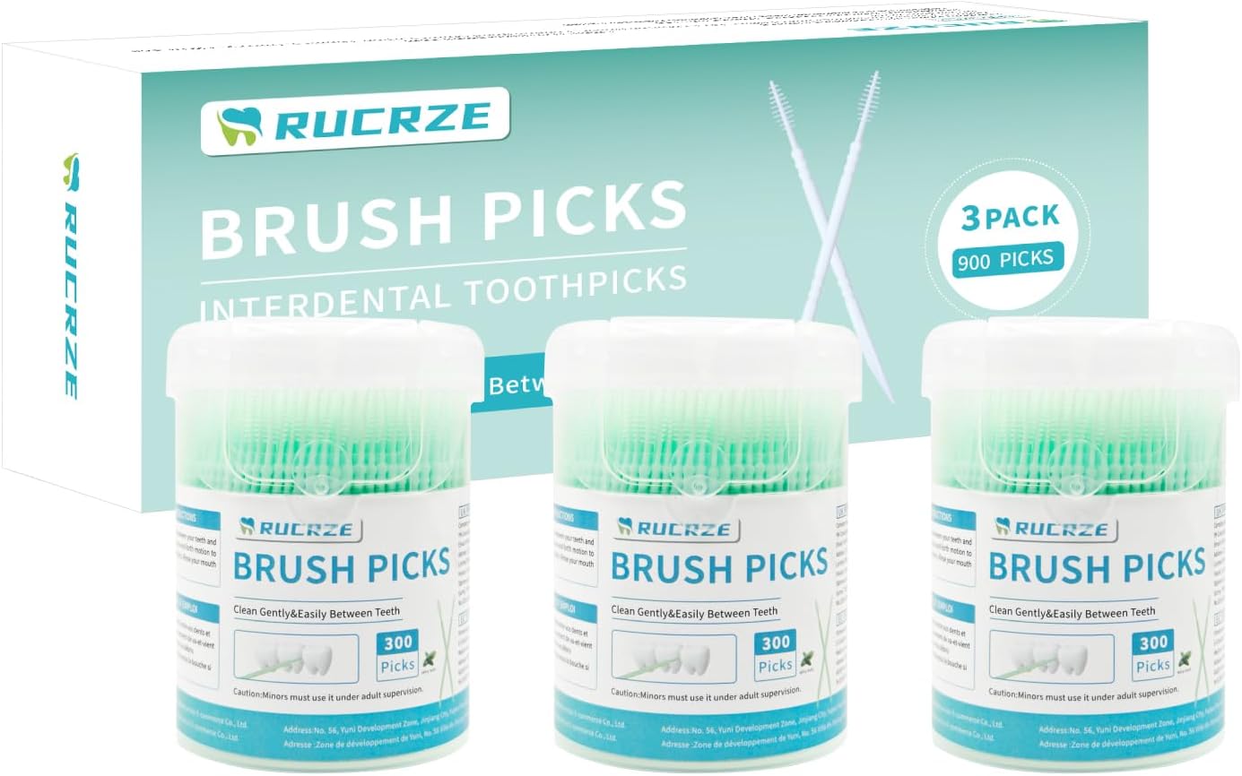Brushpicks Interdental Toothpicks,Soft Bristle Dental Floss Picks Toothpicks,Helps Removes Plaque and Debris Between Your Teeth,Mint 900PCS(3 Packs of 300)