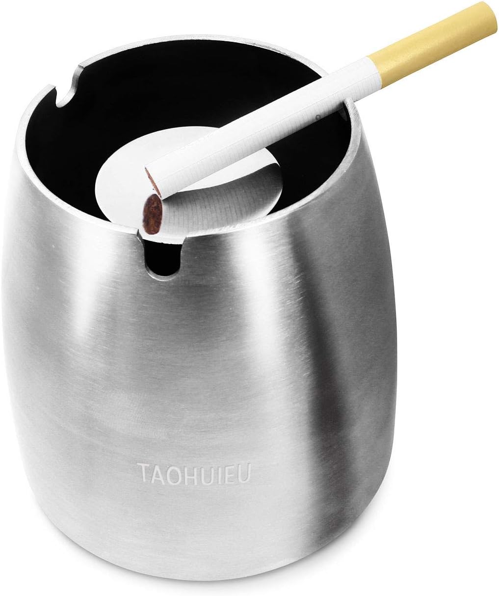 Windproof Ashtray, Stainless Steel Ashtray, Unbreakable Cigarette Ash Holder with Soft Pad at the Bottom to Prevent from Scratching Table for Home Office Outdoor