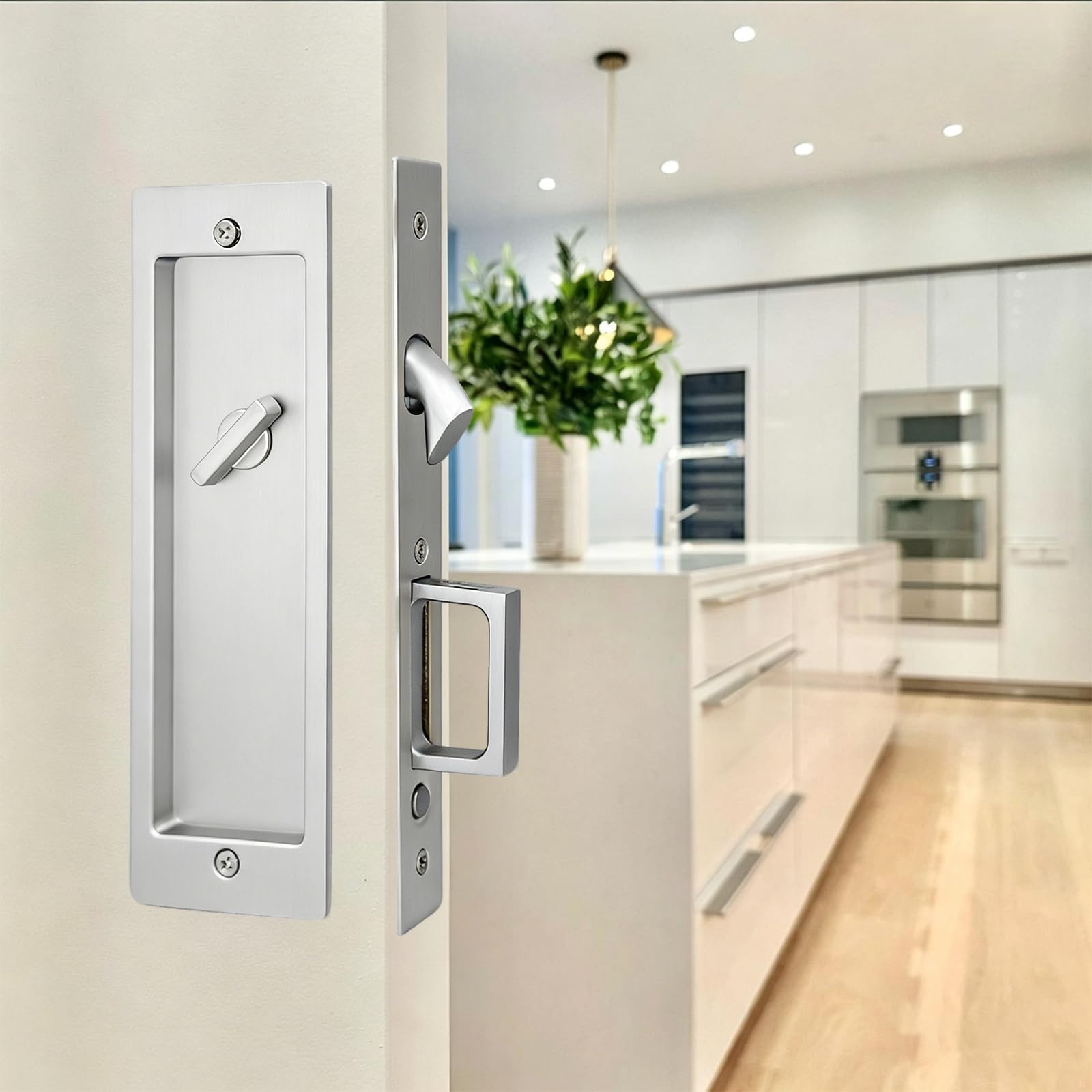 Fihatokus Privacy Pocket Door Lock with Edge Pull, Single Hook Lock, Hidden Pop-Out Door Handle, Keyless Privacy Lock for Bedroom, Bathroom, Study, Fits 1 3/8" to 1 3/4" Doors,Silver