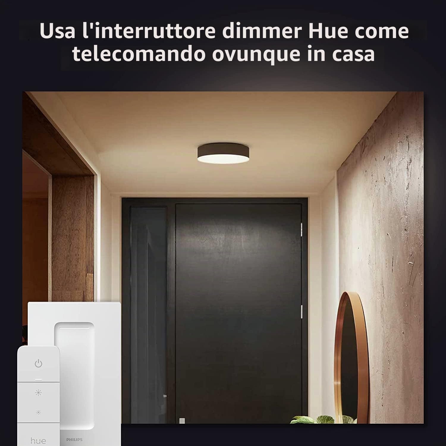 Philips Hue Enrave, Plafoniera Smart LED, Media, Nero | Luce bianca da calda a fredda, 19.2 W, Controllo vocale e via Bluetooth, Telecomando Dimmer Switch incluso, Smart Home