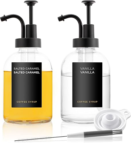 2 dispensadores de jarabe de café 118fl oz118 oz botella de jarabe de vidrio moderna con 18 etiquetas blancas dispensador de bomba de plata