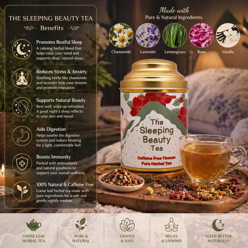 Image of Sancha Tea Boutique, Sleeping Beauty Herbal Infusion, 30g Loose Leaves, Finest Herb Tisane for Sleep & Bedtime, Blended with Rose /Lavender /Vanilla /Chamomile /Vanilla