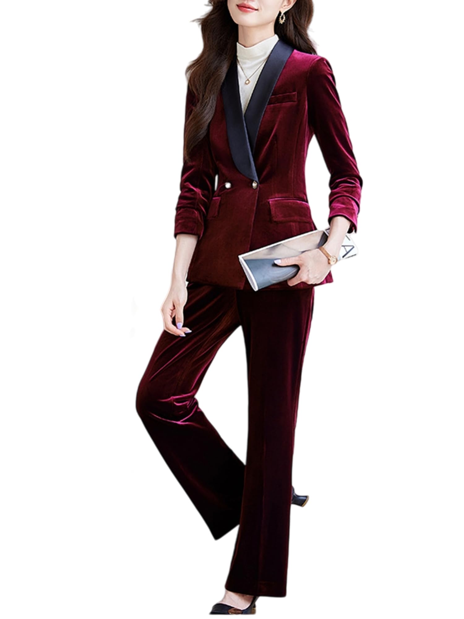 Womens Formal Business Velvet Suit Work Wear 2 Pieces Pant Suits Set OL Professional Wedding Outfits
