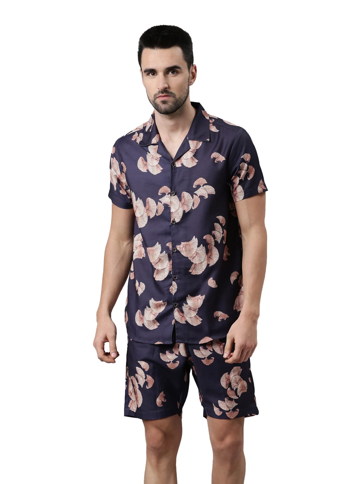 bushirt Men's Regular Navy Blue Printed Pajama Set, Short Sleeves Button Front Night Suit, Relaxed Fit Co-Ords with Chinese Collar & Elastic Waist Pajamas, Stylish & Comfortable Sleepwear - S-picture-16