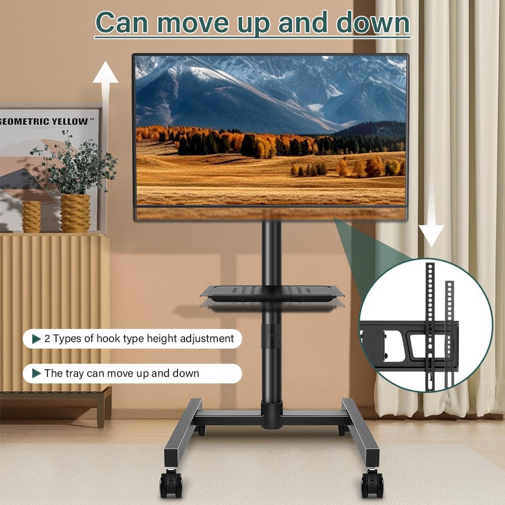 Rolling TV Stand with Wheels for 32-55Inch Screens up to 55lbs Mobile TV Stand with Shelf Height Adjustable Mobile TV Cart Max VESA 400x400mm, Black