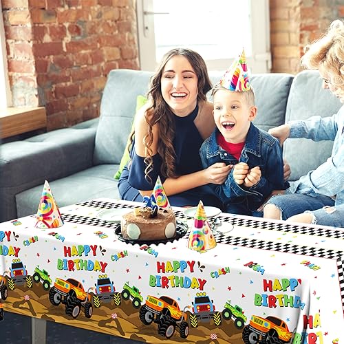 Image of Monster Truck Tablecloth - 3 Pcs Disposable Machine Table Cover, Checkered Tablecloth for Monster Truck Birthday Party Decorations