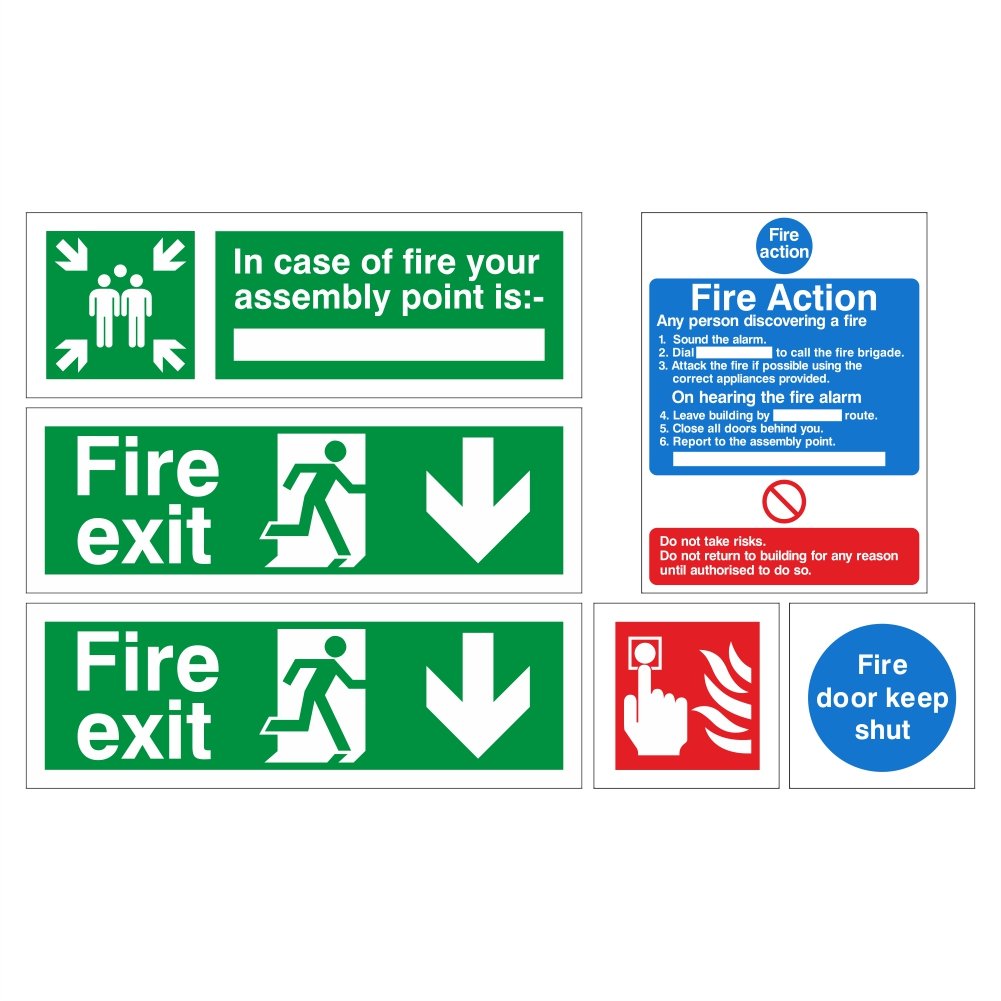 Fire exit safety sign pack. 1 x Fire Action Sign, 1 x Fire Assembly Point Sign, 2 x Fire Exit Signs, 1 x Fire Alarm Sign and 1 x Fire Door Sign. (Self Adhesive)