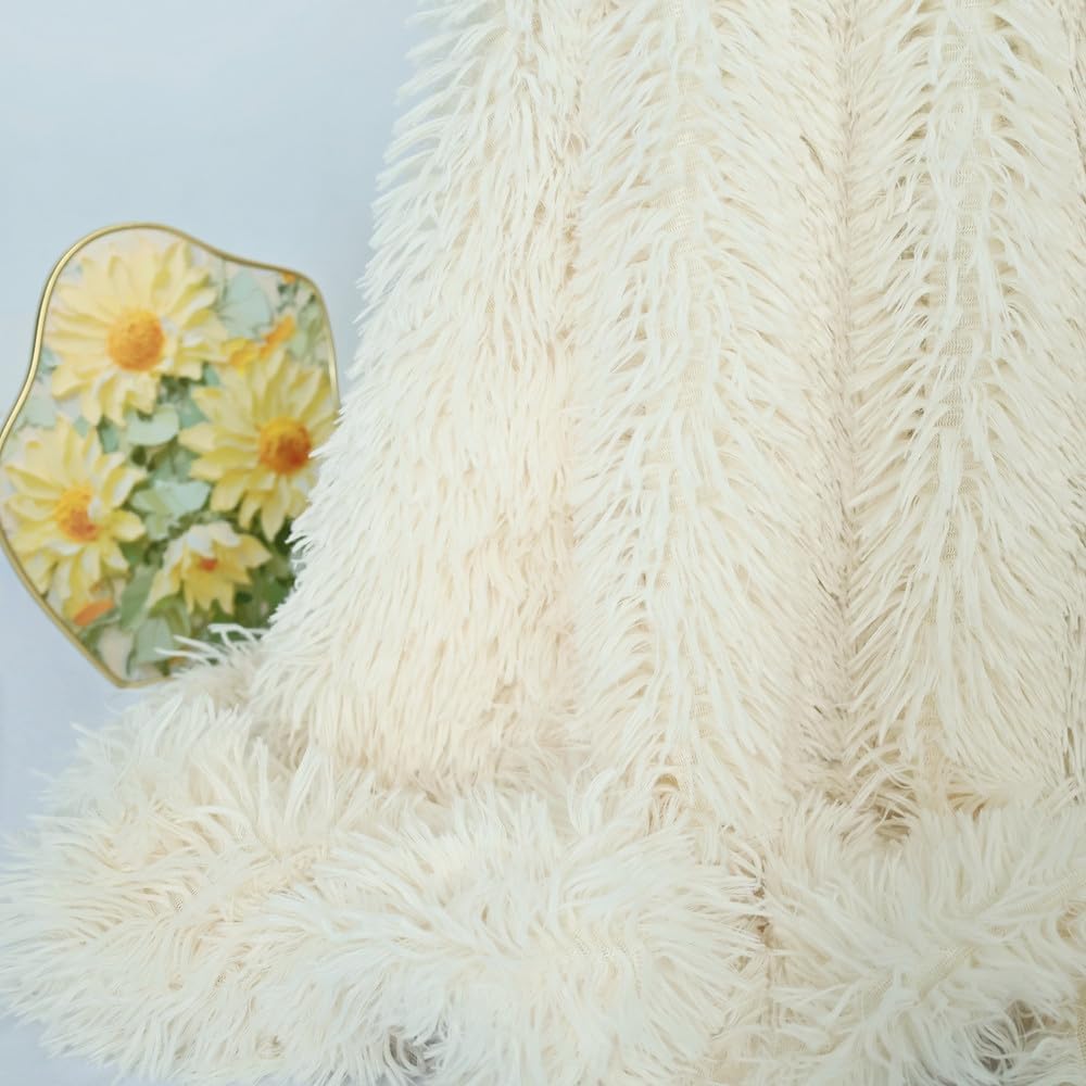 Plush Super Soft Blanket Bedding Sofa Cover Furry Fuzzy Fur Warm Throw Qulit Cozy Couch Blanket for Winter (63"x79", Cream)