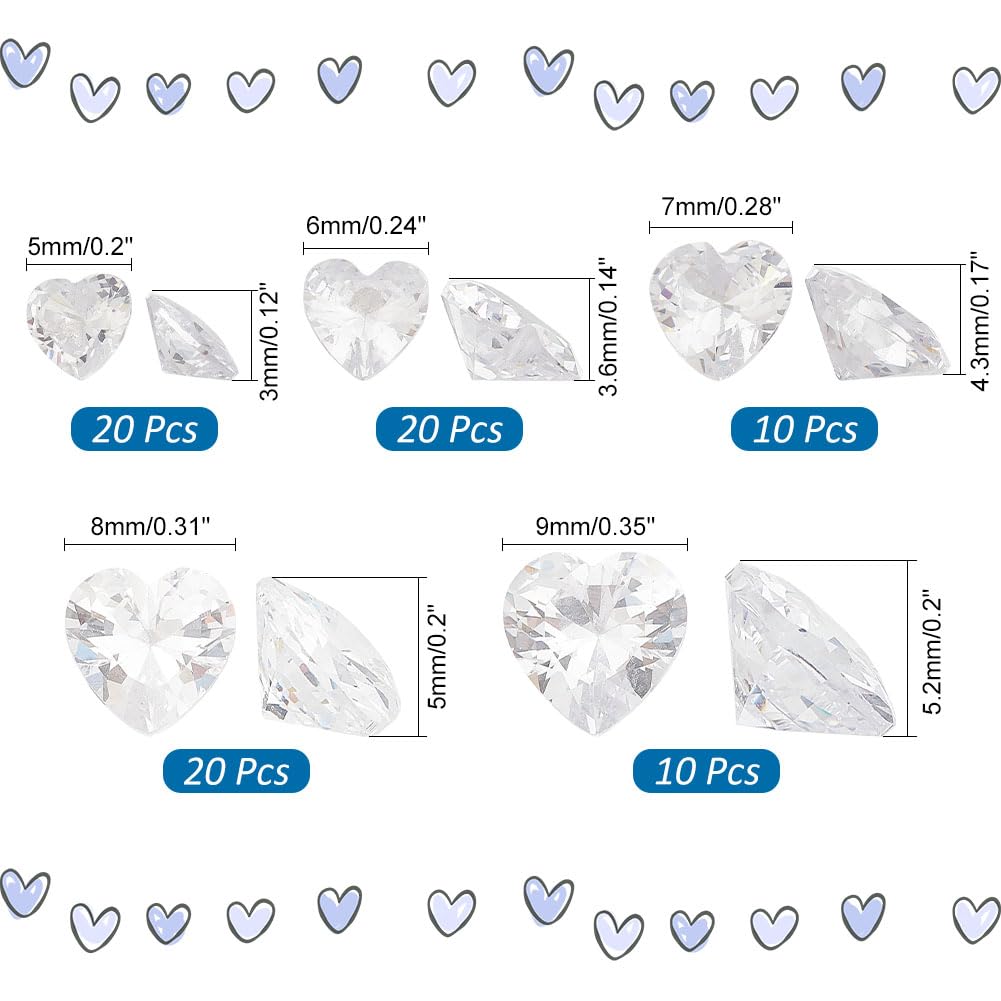 PH PandaHall 80 pietre di zirconia cubica a forma di cuore in 5 misure da 5/6/7/8/9 mm, pietre di zirconia cubica sfaccettate di grado A, piccole pietre di zirconia cubica cabochon per orecchini