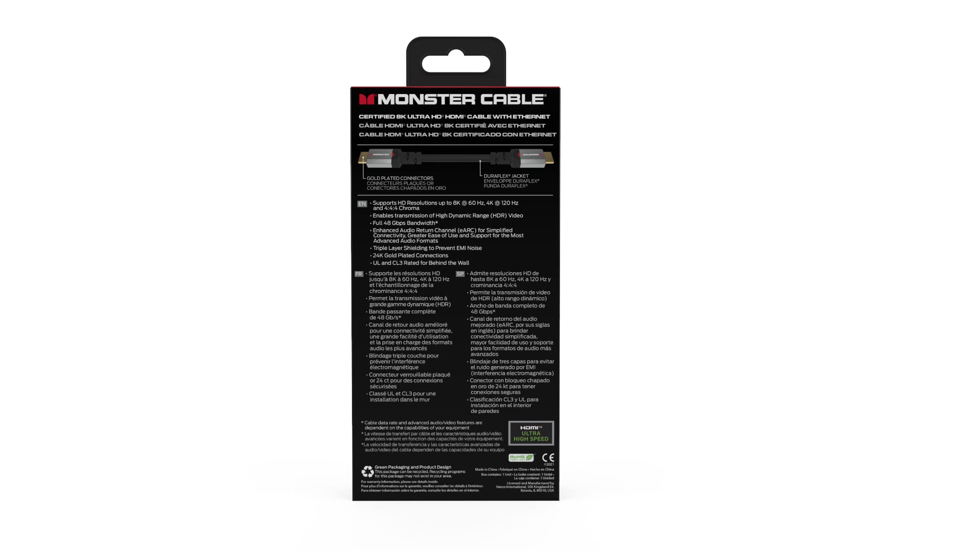 Monster Essentials - Cavo HDMI 1,8 m, cavo HDMI ultra HD 8K con Ethernet, ultra velocità 48 Gbps, cavo video HDR, contatti in oro 24 K, compatibile con PS5/PS4/XBOX X/XBOX ONE