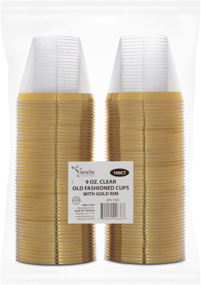 Blue Sky Plastic Cups With Gold Rim - 9 oz | Clear | 100 Pcs.