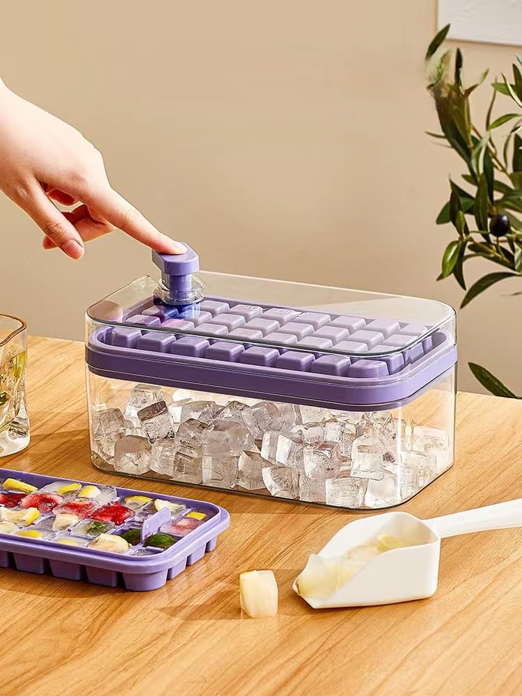Ice Cube Tray Set with Lid and Bin, 2 Pack of Ice Cube Trays with 64 Ice Cube Molds for Freezing (Purple)