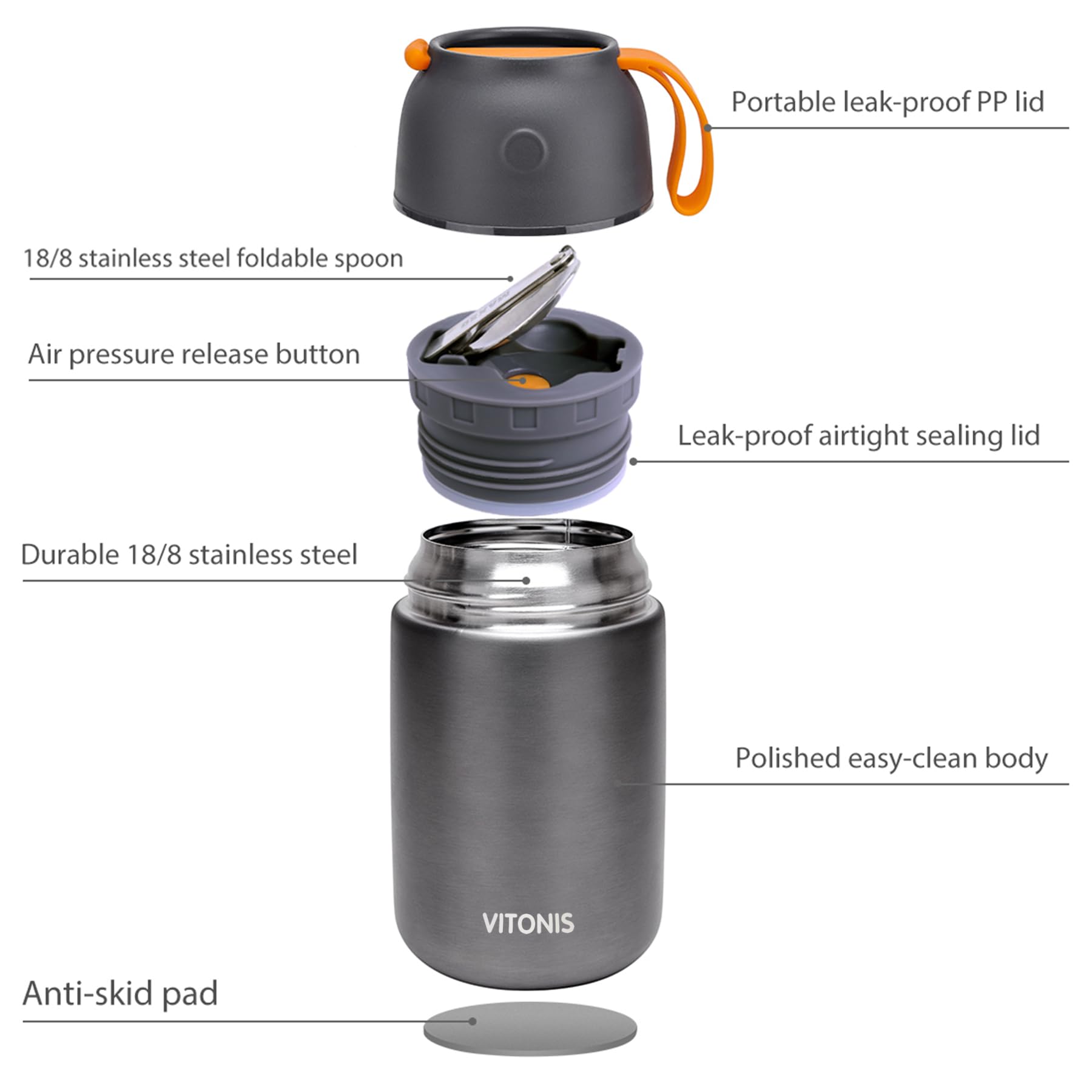 Boîtes Alimentaires Isothermes Set 500ml+700ml, Boîte Isotherme Repas Chaud en Acier Inoxydable avec Cuillère, Thermoisolant Boîte Récipient Thermique sans BPA pour Ecole Bureau, Noir